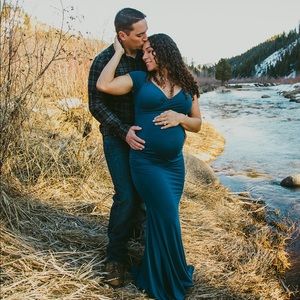 Navy Blue Off Shoulder Wrap Maternity Gown